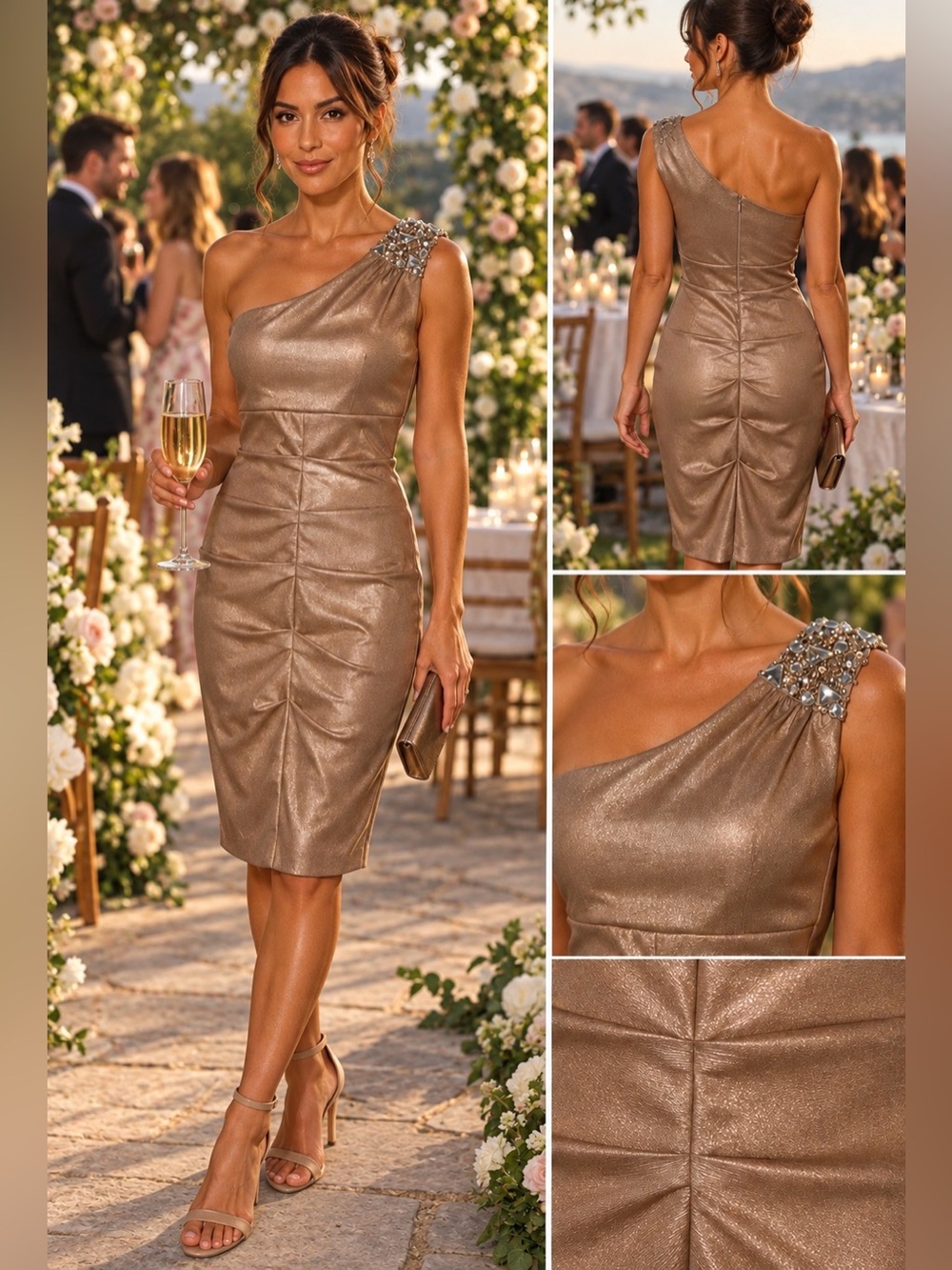 Cache One Shoulder Beaded Cocktail Dress Gold Bronze Ruched Sheath Size 6